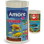 Amore Cichlid Mix Granules 1000ML, Rose Ciklet Mix 250ML Kutu Karışık Granül Balık Yemi - 1000ml + Rose 250ml