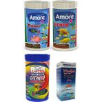 Amore Malawi Cichlid Mix 2X250 ml ve Colour Chips 250 ml Astaxanthin Omega 3 Akvaryum Balık Yemi ve Fishvit - 3x250ml + 30cc