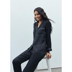 Amour Saten Siyah Uzun Pijama Takımı