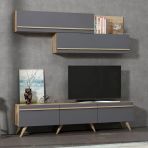 Amsterdam Modern Tv Ünitesi – Duvar Üst Modüllü Ve 3 Kapaklı Alt Modül Antrasit/Antik Ceviz