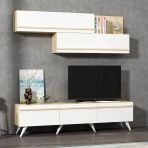 Amsterdam Modern Tv Ünitesi – Duvar Üst Modüllü Ve 3 Kapaklı Alt Modül Beyaz/Safir Meşe