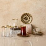 Anadolia Kilim Desenli Cam Çay Bardağı ve Çay Tabağı 12 Parça Çay Takımı Seti