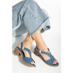 Analin Shoes 2690 Kot Mavi Hakiki Deri Lastikli Rahat Taşlı Kadın Sandalet