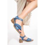 Analin Shoes 2691 Kot Mavi Hakiki Deri Cırtlı Önü Çapraz Kadın Sandalet
