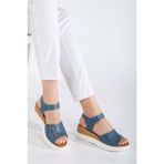 Analin Shoes Kadın Deri Kalın Bantlı Yüksek Taban Sandalet - Siyah - Kot Mavi
