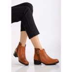 Analin Shoes Kadın Deri Nubuk Detaylı Kısa Topuklu Bilek Bot - Taba