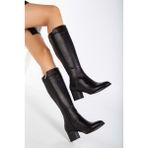 Analin Shoes Kadın Deri Topuklu Çizme - Siyah Kalın Topuklu Şık Tasarım Günlük Kullanım İçin