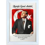 And Mustafa Kemal Atatürk Portre – Mdf Üzerine Uv Baskı Çerçeveli Tablo Sanatsal Modern Duvar Dekoru - 24x33 cm - Beyaz