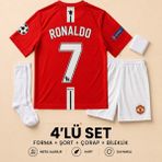 Andream Manchester United Ronaldo 7 Çocuk Futbol Forması Forma Şort Çorap Bileklik 4 Parça Kırmızı - 7 - 8 Yaş