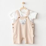Andywawa Erkek Bebek Salopet Takım Jumpsuit Set Happy Animals AC25845 - Bej - 9 - 12 Ay
