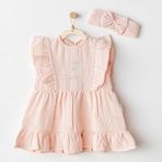 Andywawa Kız Bebek Elbise Takim Dress Band Set Love Family Muslin AC25521 - Somon - 18 - 24 Ay