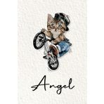 Angel: Cahier personnalisé avec prénom Angel | Cadeau d'anniversaire pour enfant, garçon, homme, copain ... | Chat à bicyclette | 110 pages lignée, Petit Format 6x9 pouces (15,24 x 22,86 cm)