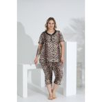 Angelique Bambu Kumaş Kısa Kol Dantel Detaylı Kadın Kapri Takım 22263 - Leopar - 2XL