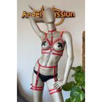 Angels Passion Kırmızı Deri Göğüs Üzeri Harness ve Jartiyer Harness