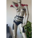 Angels Passion Püskül Detaylı Siyah Deri Fantazi Külot Harness