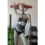 Angels Passion Püskül Detaylı Siyah Deri Korse Sütyen Harness Takım