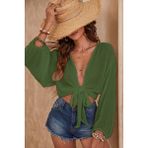 Angelsin Önden Bağlamalı Salaş Gömlek Pareo Crop Bluz - 2XL - Haki