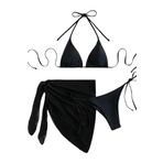 Angelsin Pareolu Bağlamalı 3'lü Bikini Takım Set (Çıkartılabilir Kaplı) Siyah 38