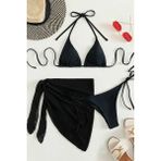 Angelsin Siyah Pareolu Bağlamalı 3'lü Bikini Takım Set Düz Desenli Tül Kumaş Kadın - 38
