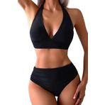 Angelsin Yandan Büzgülü Bikini Takım (Çıkartılabilir Kaplı) (Siyah, 44)