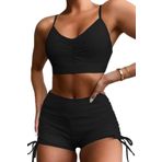 Angelsin Yanlardan Ayarlı Büzgülü Deniz Şortlu Tankini Bikini Takım - Siyah - 40