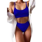 Angelsin Yüksek Bel Fitilli Kumaş Tankini Bikini Üstü - 34 - Saks