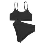 Angelsin Yüksek Bel Özel Kumaş Tankini Bikini Takım - Siyah - 42