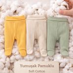 Angeltouch %100 Pamuklu Bebek Çocuk Pantolon Patikli Raporlu 3'lü Set Kız Erkek Unisex Bebek - Sarı - 3 - 6 Ay