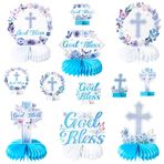 ANGOLIO Floral God Bless Honeycomb Centerpieces - 12 Adet Mavi ve Mor Tanrı Vaftiz Petek Merkez Parçaları Erkek Kız Dini Parti Süslemeleri Doğum Günü Malzemeleri için Bebek Duş Masa Üstü