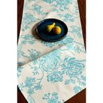 Anı Home Naturel Beyaz Mavi Çiçek Desenli Duck Kumaş Runner Masa Örtüsü - 40 x 150 cm - Beyaz - Açık Mavi