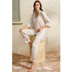 Anıl 5744 Kadın Dokuma Viskon Çizgili Dantelli Sabahlık Pantolon Pijama 3'lü Takım