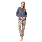 Anıl 9836 Uzun Kol Bisiklet Yaka Viskon Çiçek Desenli Kışlık Örme Normal Bel Dantel Detaylı Pijama Takımı Kahve L
