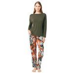 Anıl 9845 Uzun Kol V Yaka Viskon Çiçek Desenli Kışlık Örme Normal Bel İp Detaylı Pijama Takımı Tarçın S