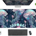 Anime Denizanası Masa Matı Neon Mavi XL Büyük Genişletilmiş Oyun Mouse Pad Sevimli Okyanus Ay Paspasları Bilgisayar Dizüstü Bilgisayar Klavye Mouse Mat Masa Pedi 80 x 30 cm, Dikişli Kenarları Olan