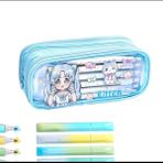 Anime Kız ve Bear Ayıcık Kedili Kuzu Tavşan Desenli Kanvas Geniş Kapasiteli Kalemlik Cüzdan Öğrenci - Mavi