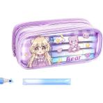 Anime Kız ve Bear Ayıcık Kedili Kuzu Tavşan Desenli Kanvas Geniş Kapasiteli Kalemlik Cüzdan Öğrenci - Mor
