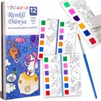 Animokids Renk Paletli Sulu Boya Kitabı + Fırça, 12 Sayfa Boyama Kitabı, Aktivite Boyama Seti, Çocuklar için Yeni Nesil Sulu Boya Defteri (Renkli Dünya)