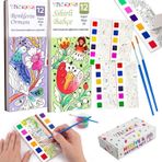 Animokids Sulu Boya Defteri Seti (2 Kitap + 2 Fırça) - Kendin Yap Kitap Ayracı, Her Sayfada Entegre Boya Paleti - Çocuklar ve Yetişkinler İçin Hediye Aktivite Seti (Renklerin Ormanı-Sihirli Bahçe)