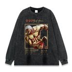 Anjinguang Anime Eren Jaeger Hoodie, Erkek Kadın Svetşört, Yuvarlak Yaka Yıkanmış Eski Vintage Siyah Kazak, Uzun Kollu Günlük Cosplay Kostüm Hoodie Tops, tip 1, XL