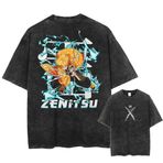Anjinguang Tokitou Muichirou T-Shirt Anime Tshirt erkekler kadınlar için Agatsuma Zenitsu yıkanmış Vintage siyah rahat T Shirt yaz kısa kollu TeeTops, 3 yazın, L