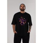 ankhises Astronaut Block Meteor Ön Baskılı Siyah Oversize T-Shirt Erkek Kadın Bisiklet Yaka - XL
