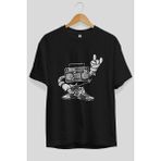 ankhises Boombox Rockstar Ön Baskılı Siyah Oversize T-Shirt Erkek Kadın Bisiklet Yaka - XL