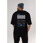 ankhises Brooklyn City Yazılı Arka Baskılı Siyah Oversize T-Shirt Erkek Kadın Bisiklet Yaka - XL
