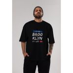 ankhises Brooklyn City Yazılı Ön Baskılı Siyah Oversize T-Shirt Unisex Erkek Kadın Bisiklet Yaka - M