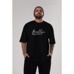 ankhises Brooklyn Denim Yazılı Ön Baskılı Siyah Oversize T-Shirt Erkek Kadın Bisiklet Yaka - XL