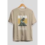Ankhises Des Air Ön Baskılı Bej Oversize T-Shirt Erkek Kadın Pamuk Bisiklet Yaka Tişort - XL