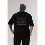 ankhises Glasgow Arka Baskılı Siyah Oversize T-Shirt Erkek Kadın Bisiklet Yaka