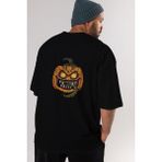 ankhises Halloween Arka Baskılı Siyah Oversize T-Shirt Erkek Kadın Bisiklet Yaka - M