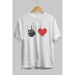 Ankhises Kalp ve Parmak Ön Baskılı Beyaz Oversize T-Shirt Erkek Kadın Pamuk Bisiklet Yaka Tişort