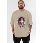 Ankhises Kokushibo Demon Slayer Anime Ön Baskılı Bej Oversize T-Shirt Erkek Kadın - XL